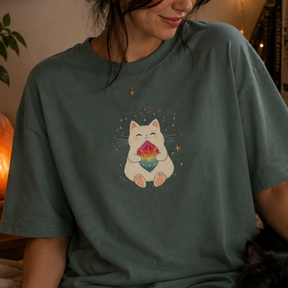 Blue Spruce green Crystal Cat tee with a cute cat holding a rainbow gem, worn by a model