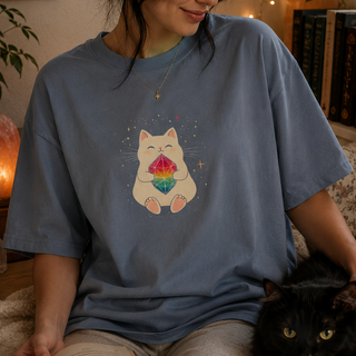 Blue Jean Crystal Cat tee with a cute cat holding a rainbow gem, worn by a model