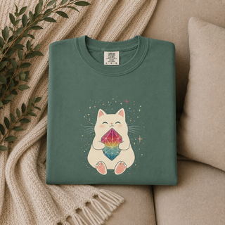 Folded Blue Spruce green Crystal Cat tee with a cute cat holding a rainbow gem on a beige surface