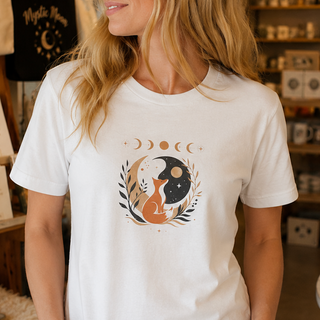 White Celestial Fox tee with a fox yin-yang, moon phases and botanicals, shown on a model