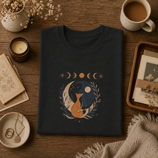 Black Heather Celestial Fox tee with a fox yin-yang, moon phases and botanicals, worn by a model