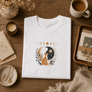 White Celestial Fox tee with a fox yin-yang, moon phases and botanicals, worn by a model