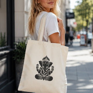 Ganesh tote bag on shoulder