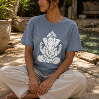 Ganesh Remover of Obstacles T-Shirt — white line-art Ganesh design on garment-dyed Comfort Colors tee - The Mystical Moon Online Store