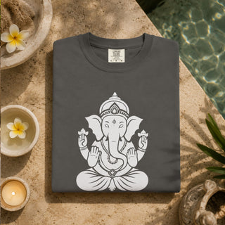 Ganesh Remover of Obstacles T-Shirt — white line-art Ganesh design on garment-dyed Comfort Colors tee - The Mystical Moon Online Store