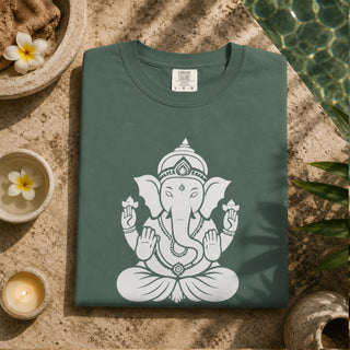 Ganesh Remover of Obstacles T-Shirt — white line-art Ganesh design on garment-dyed Comfort Colors tee - The Mystical Moon Online Store