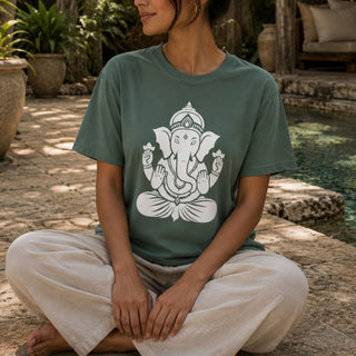 Ganesh Remover of Obstacles T-Shirt — white line-art Ganesh design on garment-dyed Comfort Colors tee - The Mystical Moon Online Store