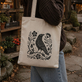 Folk Raven Tote on natural cotton canvas, front view of hand-illustrated raven and botanical folk florals