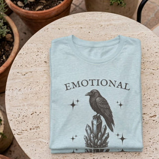 Emotional Support Crow t-shirt with hand-drawn crow, crystals, and stars on soft Airlume cotton