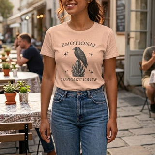 Emotional Support Crow t-shirt with hand-drawn crow, crystals, and stars on soft Airlume cotton
