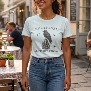Emotional Support Crow t-shirt with hand-drawn crow, crystals, and stars on soft Airlume cotton