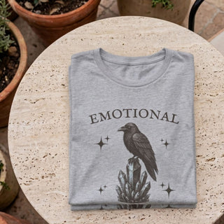 Emotional Support Crow t-shirt with hand-drawn crow, crystals, and stars on soft Airlume cotton