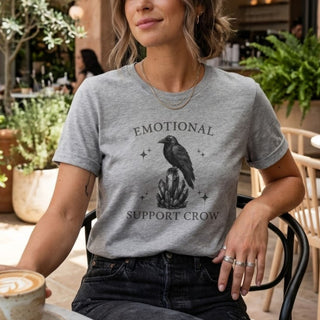 Emotional Support Crow t-shirt with hand-drawn crow, crystals, and stars on soft Airlume cotton