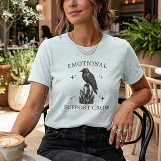 Emotional Support Crow t-shirt with hand-drawn crow, crystals, and stars on soft Airlume cotton