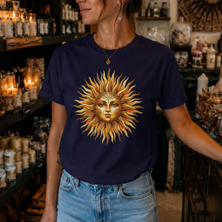 Vintage sun face t-shirt with warm hand-drawn celestial sun design on garment-dyed cotton