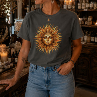 Vintage sun face t-shirt with warm hand-drawn celestial sun design on garment-dyed cotton