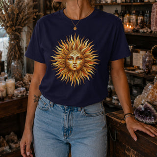 Vintage sun face t-shirt with warm hand-drawn celestial sun design on garment-dyed cotton