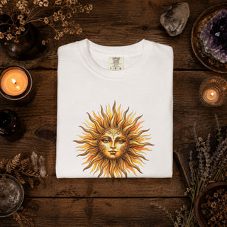 Vintage sun face t-shirt with warm hand-drawn celestial sun design on garment-dyed cotton