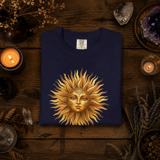 Vintage sun face t-shirt with warm hand-drawn celestial sun design on garment-dyed cotton
