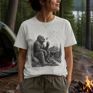 A woman wearing a white graphic t-shirt with a black sketch of Bigfoot in a forest setting, standing outdoors near a tent and a campfire.