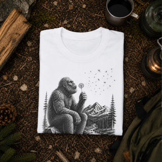 A folded white t-shirt with a black and white graphic of Bigfoot sitting and blowing dandelions, surrounded by outdoor camping props like a mug, lantern, and pinecone on a forest floor background.