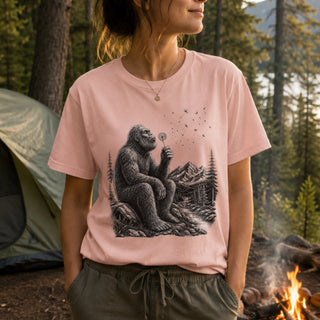 A woman wearing a light pink crewneck t-shirt with a black and gray graphic of a Bigfoot sitting on a log and blowing a dandelion, set against a forest campfire background.