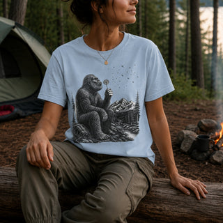A woman sitting outdoors on a log in a forest campsite setting, wearing a light blue graphic t-shirt with a black and white illustration of a Bigfoot-like figure sitting in a mountain landscape.