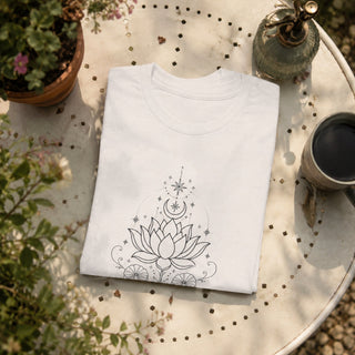 Vintage white unisex cotton tee printed with a black line-art lotus, deer skull, crescent moon, and stars.