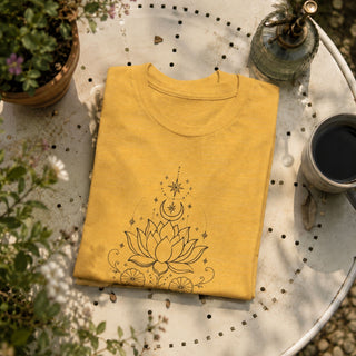 Heather yellow gold unisex cotton tee printed with a black line-art lotus, deer skull, crescent moon, and stars.