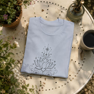 Light blue unisex cotton tee printed with a black line-art lotus, deer skull, crescent moon, and stars.