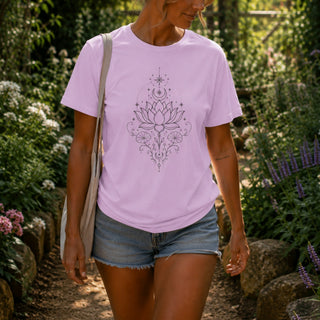 Cotton tee printed with a black line-art lotus, deer skull, crescent moon, and stars.