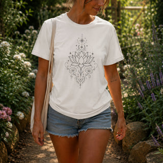 Cotton tee printed with a black line-art lotus, deer skull, crescent moon, and stars.