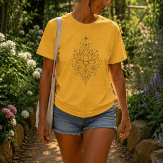 Cotton tee printed with a black line-art lotus, deer skull, crescent moon, and stars.