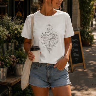Cotton tee printed with a black line-art lotus, deer skull, crescent moon, and stars.