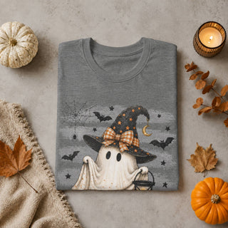 Halloween Ghost Tee — Cute Little Ghost with Witch Hat & Jack-O'-Lantern