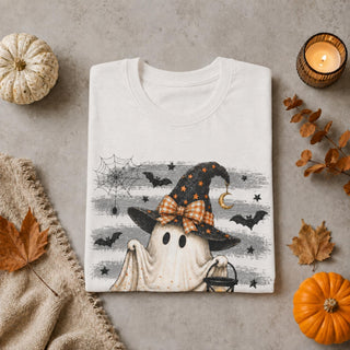 Halloween Ghost Tee — Cute Little Ghost with Witch Hat & Jack-O'-Lantern