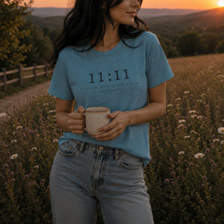 A woman standing outdoors in a field at sunset, wearing a light blue graphic T-shirt with the text '11:11 If you're waiting for a sign - Philippians 4:13' and holding a speckled mug.