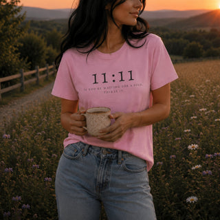 A woman standing outdoors in a field at sunset wearing a light pink graphic T-shirt with the text '11:11 IF YOU'RE WAITING FOR A SIGN - THIS IS IT' and holding a speckled ceramic mug.