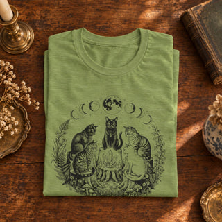 A folded sage green t-shirt with a black graphic of three cats around a campfire under a moon phase design, displayed on a rustic wooden table with vintage props.