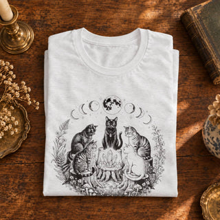 A folded white T-shirt with a detailed black and gray graphic of four cats gathered around a campfire under a moon phase illustration, displayed on a rustic wooden table with decorative props.