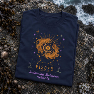 A navy blue folded graphic T-shirt is placed on a rocky beach surface with seaweed and ocean water visible in the background. The shirt features a gold Pisces zodiac illustration with purple and gold text reading 'PISCES Swimming Between Worlds'.