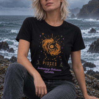 A woman sitting on a rocky beach wearing a black graphic T-shirt with a Pisces zodiac design featuring a gold fish, stars, and the text 'PISCES Swimming Between Worlds'.
