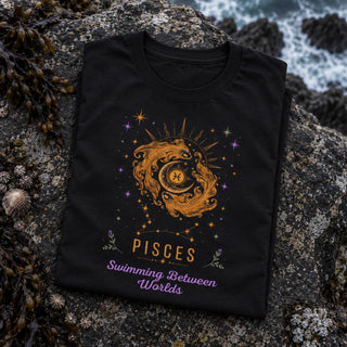 A black short-sleeve T-shirt laid flat on a rocky beach surface, featuring a gold Pisces zodiac graphic with stars and the text 'Pisces Swimming Between Worlds' in gold and purple.