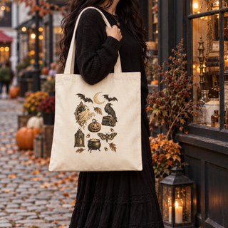 Vintage witch canvas tote with ravens, crescent moon, cauldron and jack-o'-lantern