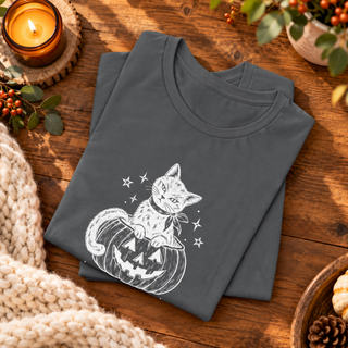 Cute Halloween cat tee with jack-o'-lantern and stars