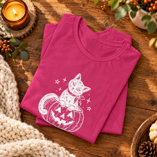 Witchy cat in pumpkin graphic tee, design detail