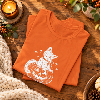 Cute witchy cat Halloween tee, design detail