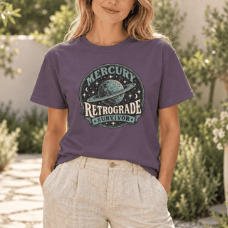 Mercury Retrograde Survivor T-Shirt in Wine with a vintage planet and stars design