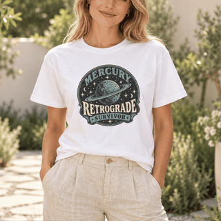 Mercury Retrograde Survivor T-Shirt in White with a vintage planet and stars design