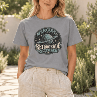 Mercury Retrograde Survivor T-Shirt in Grey with a vintage planet and stars design